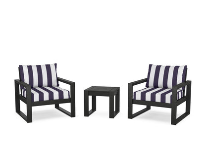 POLYWOOD® EDGE Sectional 3-Piece Deep Seating Set in Black / Cabana Stripe Navy