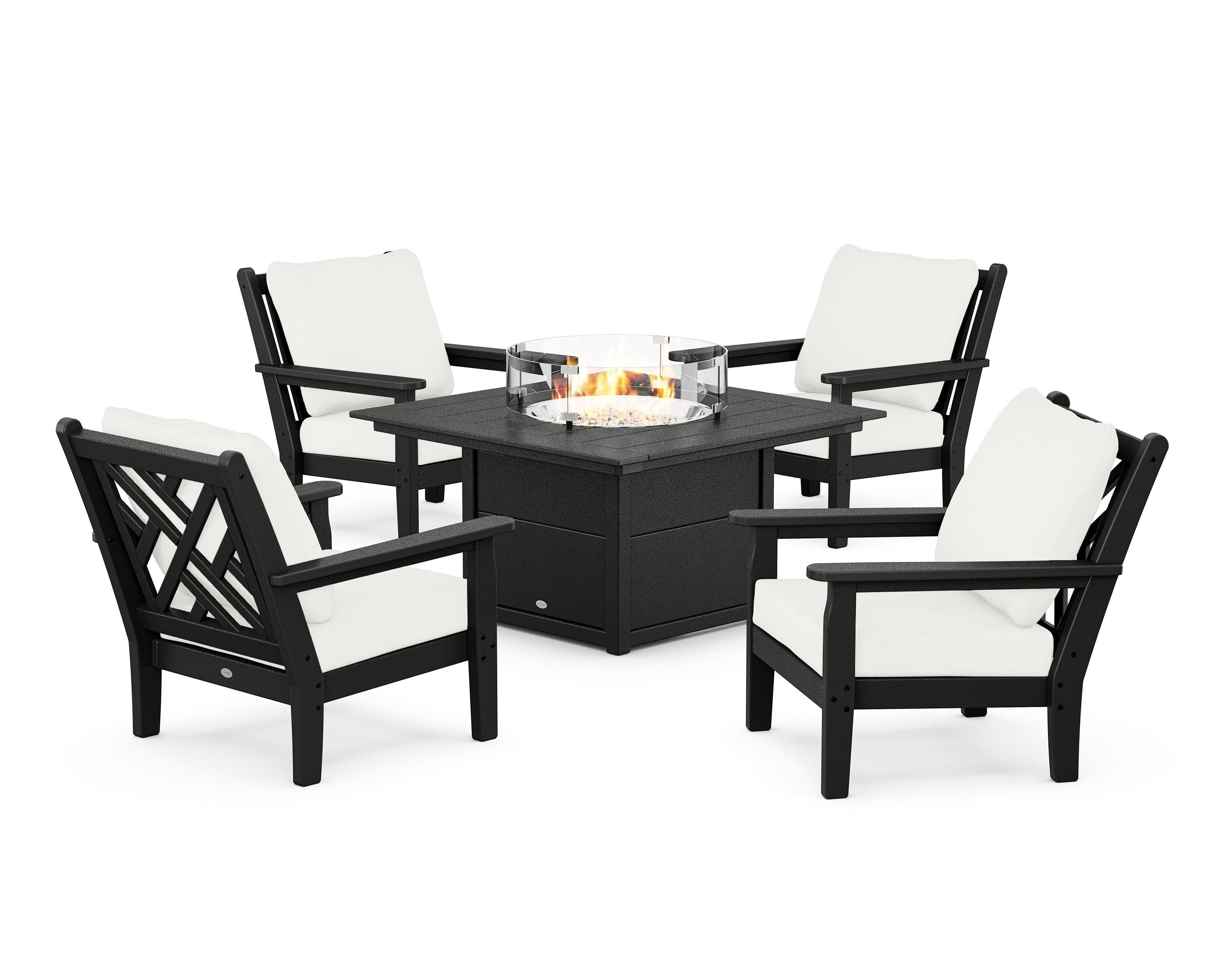 POLYWOOD® Chippendale 5-Piece Deep Seating Set with Fire Pit Table in Black / Natural Linen