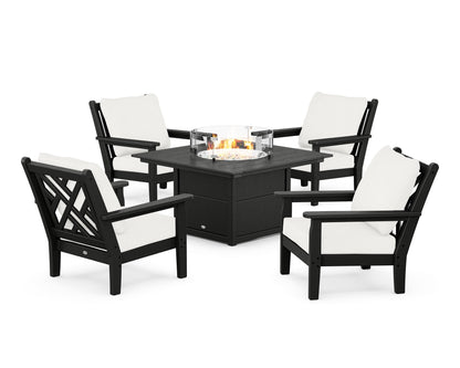 POLYWOOD® Chippendale 5-Piece Deep Seating Set with Fire Pit Table in Black / Natural Linen