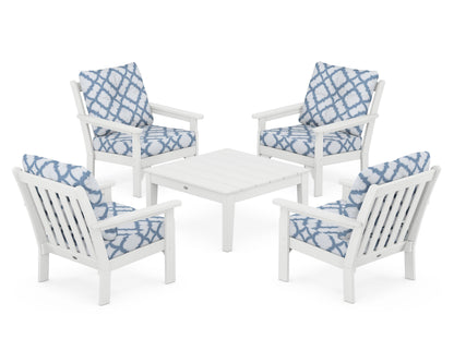 POLYWOOD® Vineyard 5-Piece Deep Seating Conversation Set in White / Trellis Sky Blue