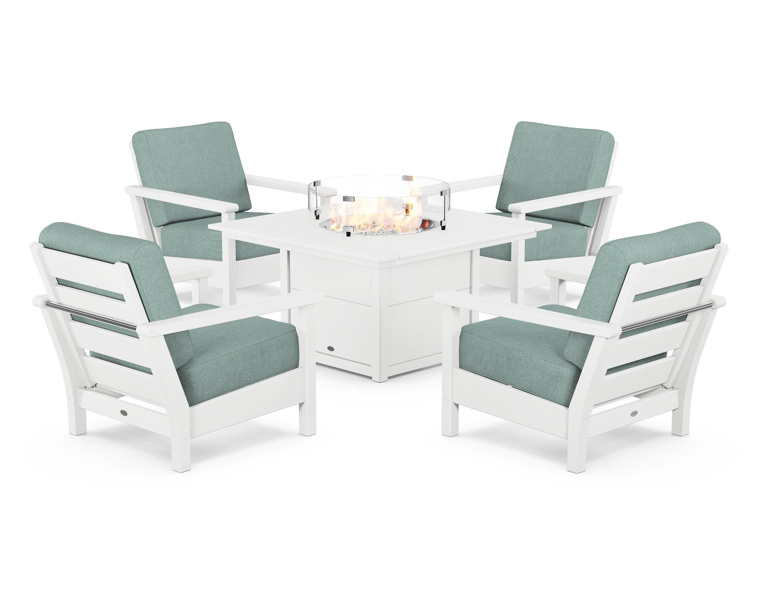 POLYWOOD® Harbour 5-Piece Conversation Set with Fire Pit Table in White / Glacier Spa