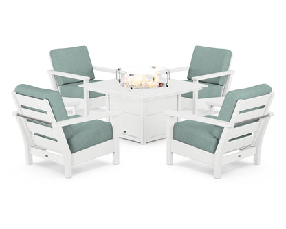 POLYWOOD® Harbour 5-Piece Conversation Set with Fire Pit Table in White / Glacier Spa