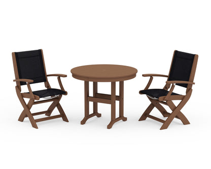 POLYWOOD® Coastal Folding Chair 3-Piece Round Dining Set in Teak / Black Sling