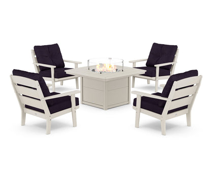 POLYWOOD® Lakeside 5-Piece Deep Seating Set with Nautical Fire Pit Table in Sand / Navy Linen