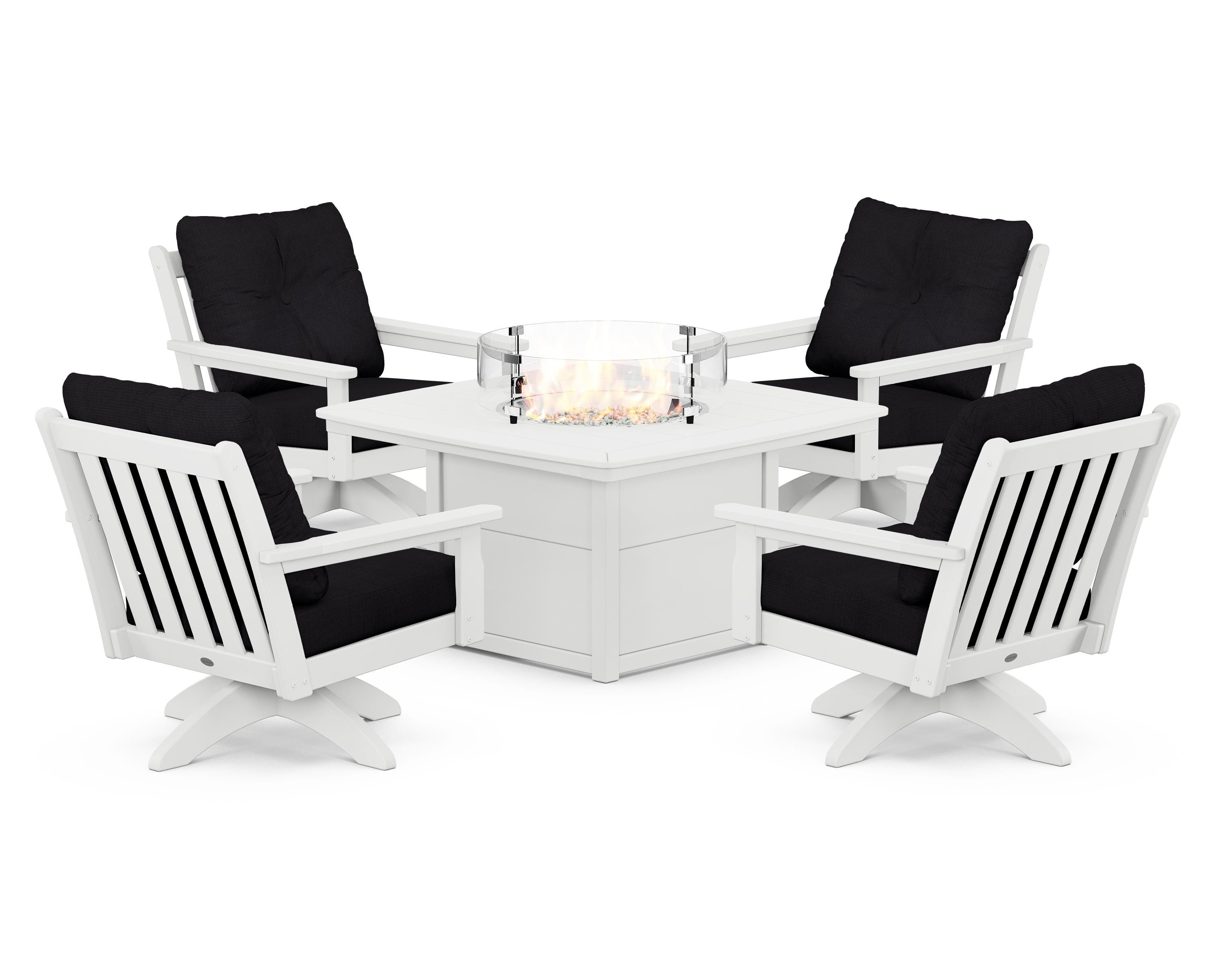 POLYWOOD® Vineyard 5-Piece Deep Seating Swivel Conversation Set with Fire Pit Table in White / Midnight Linen