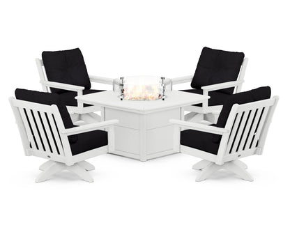 POLYWOOD® Vineyard 5-Piece Deep Seating Swivel Conversation Set with Fire Pit Table in White / Midnight Linen