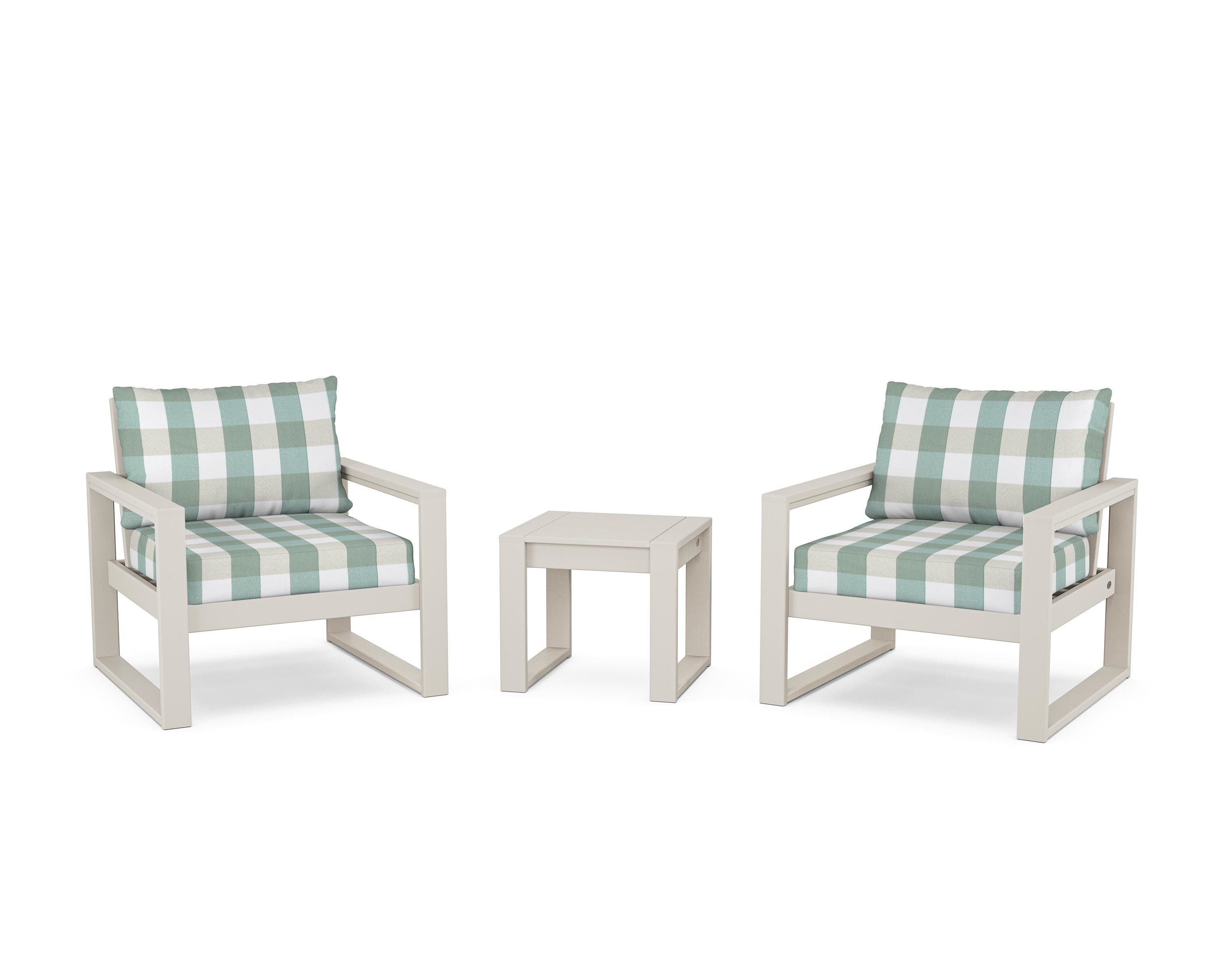POLYWOOD® EDGE Sectional 3-Piece Deep Seating Set in Sand / Buffalo Plaid Glacier Spa