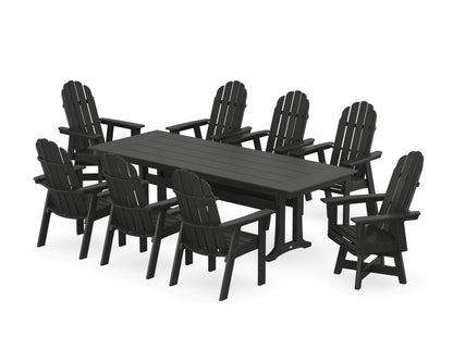 POLYWOOD® Vineyard 9-Piece Curveback Adirondack Swivel Farmhouse Dining Set with Trestle Legs in Black