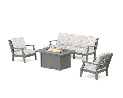 Martha Stewart by POLYWOOD® Chinoiserie Deep Seating Fire Pit Table Set in Slate Grey / Trellis Dune Burlap