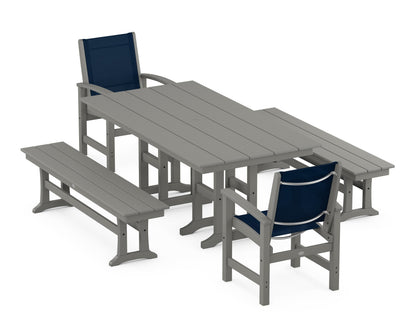 POLYWOOD® Coastal 5-Piece Farmhouse Dining Set in Slate Grey / Navy Blue Sling