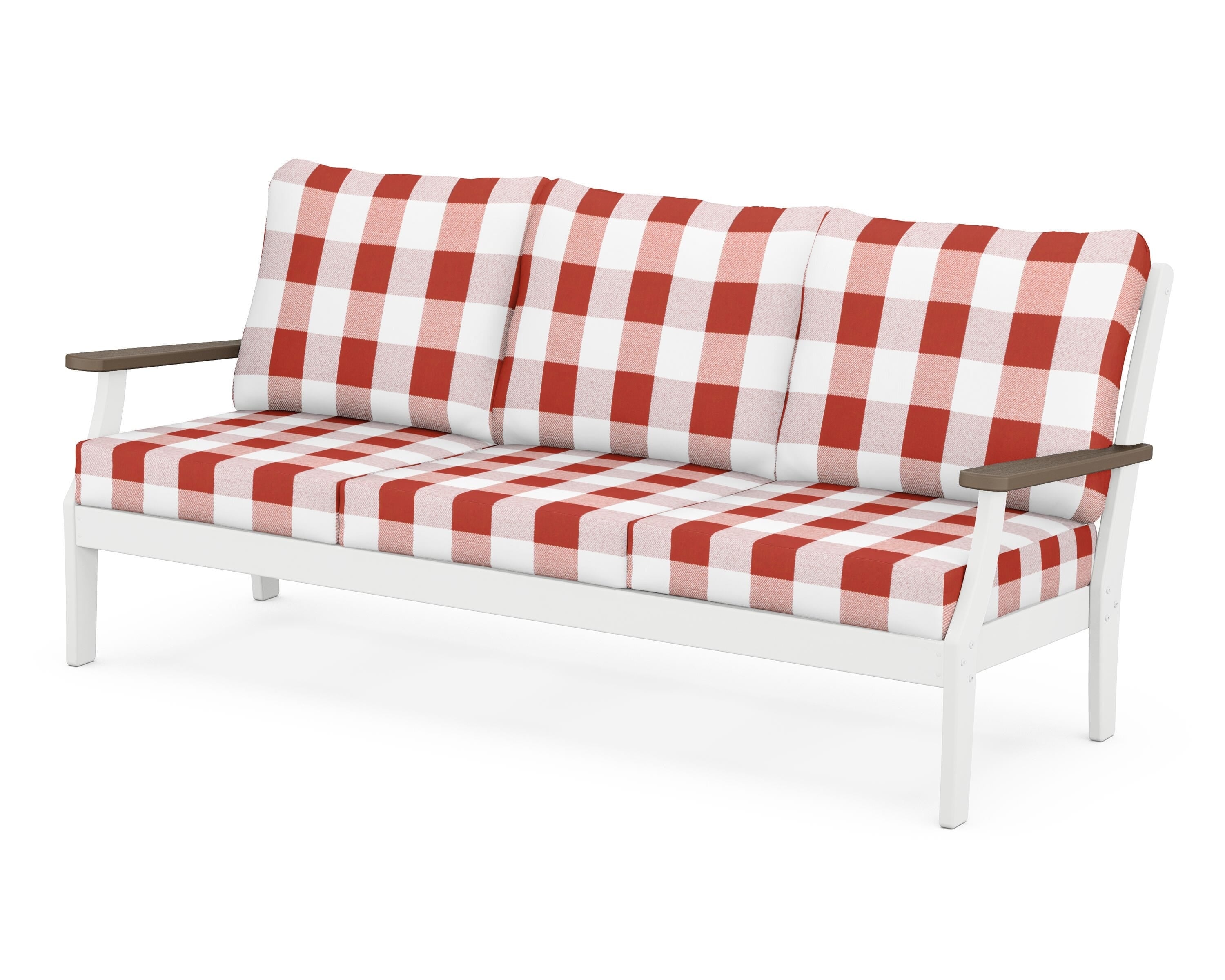 POLYWOOD® Braxton Deep Seating Sofa in White / Kona / Buffalo Plaid Crimson