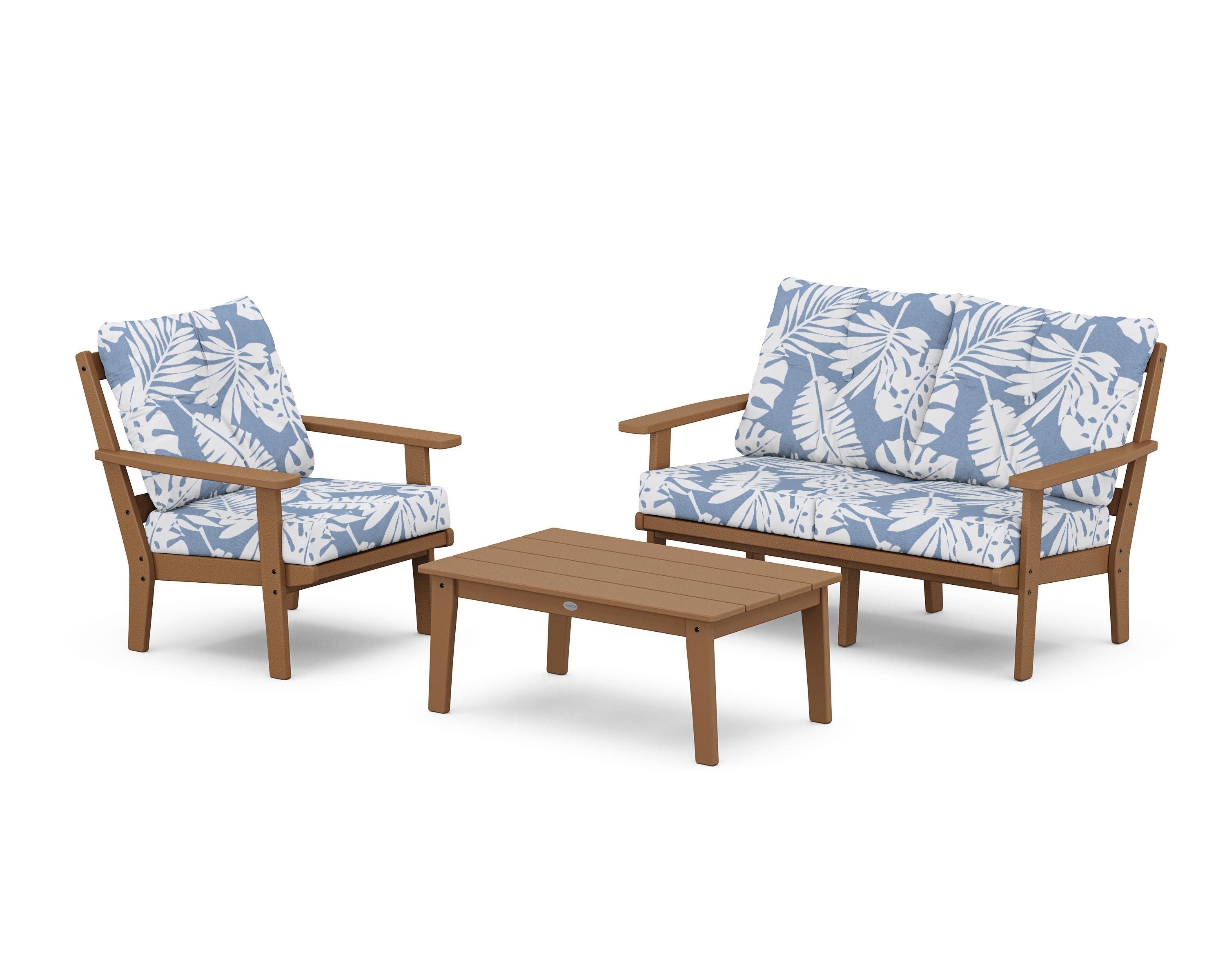 POLYWOOD® Oxford 3-Piece Deep Seating Set with Loveseat in Teak / Leaf Sky Blue