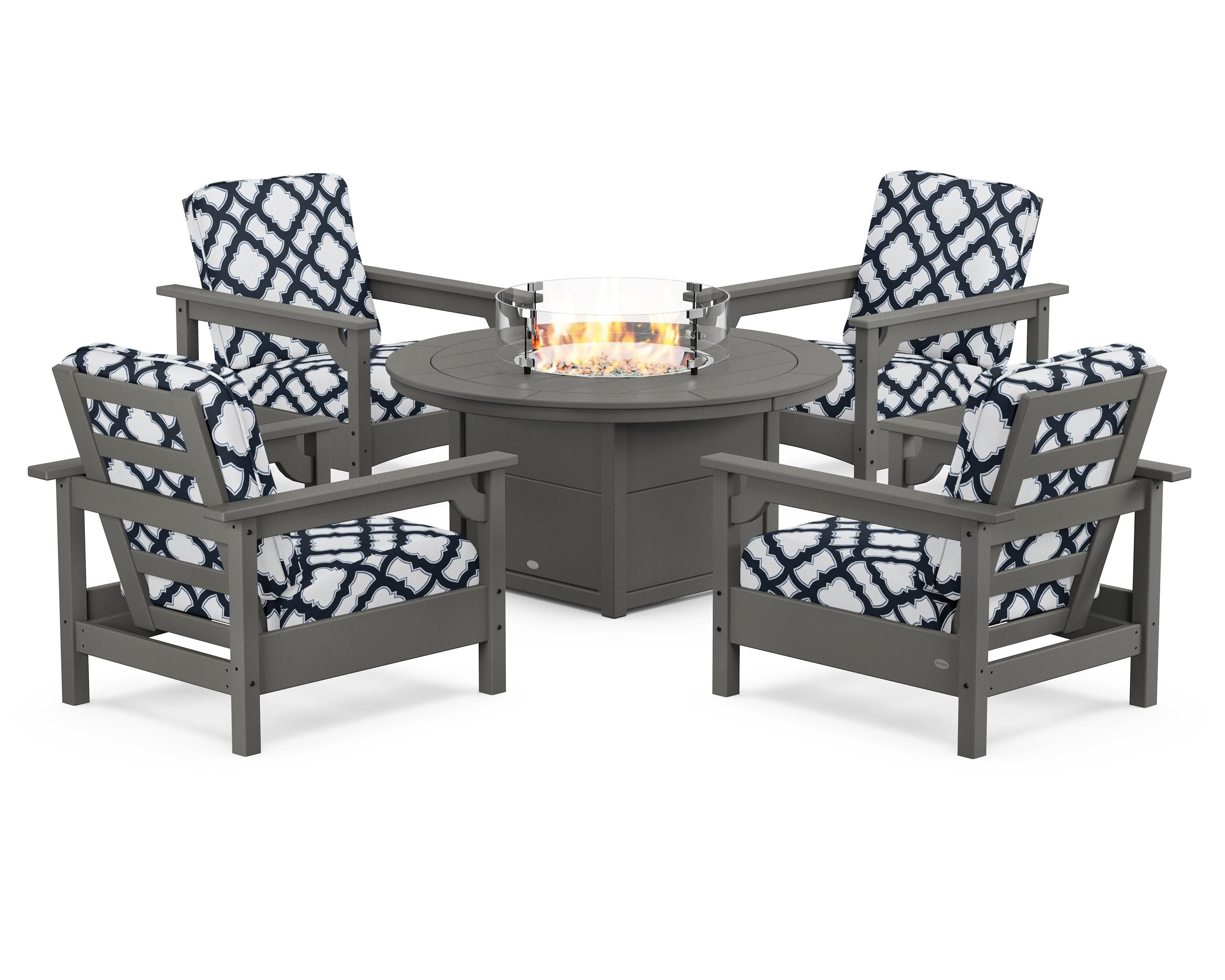 POLYWOOD® Club 5-Piece Conversation Set with Fire Pit Table in Slate Grey / Trellis Marine Indigo