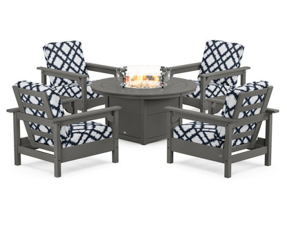 POLYWOOD® Club 5-Piece Conversation Set with Fire Pit Table in Slate Grey / Trellis Marine Indigo