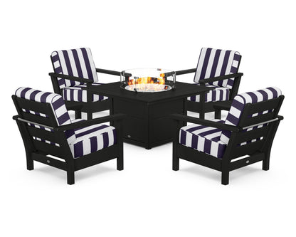 POLYWOOD® Harbour 5-Piece Conversation Set with Fire Pit Table in Black / Cabana Stripe Navy