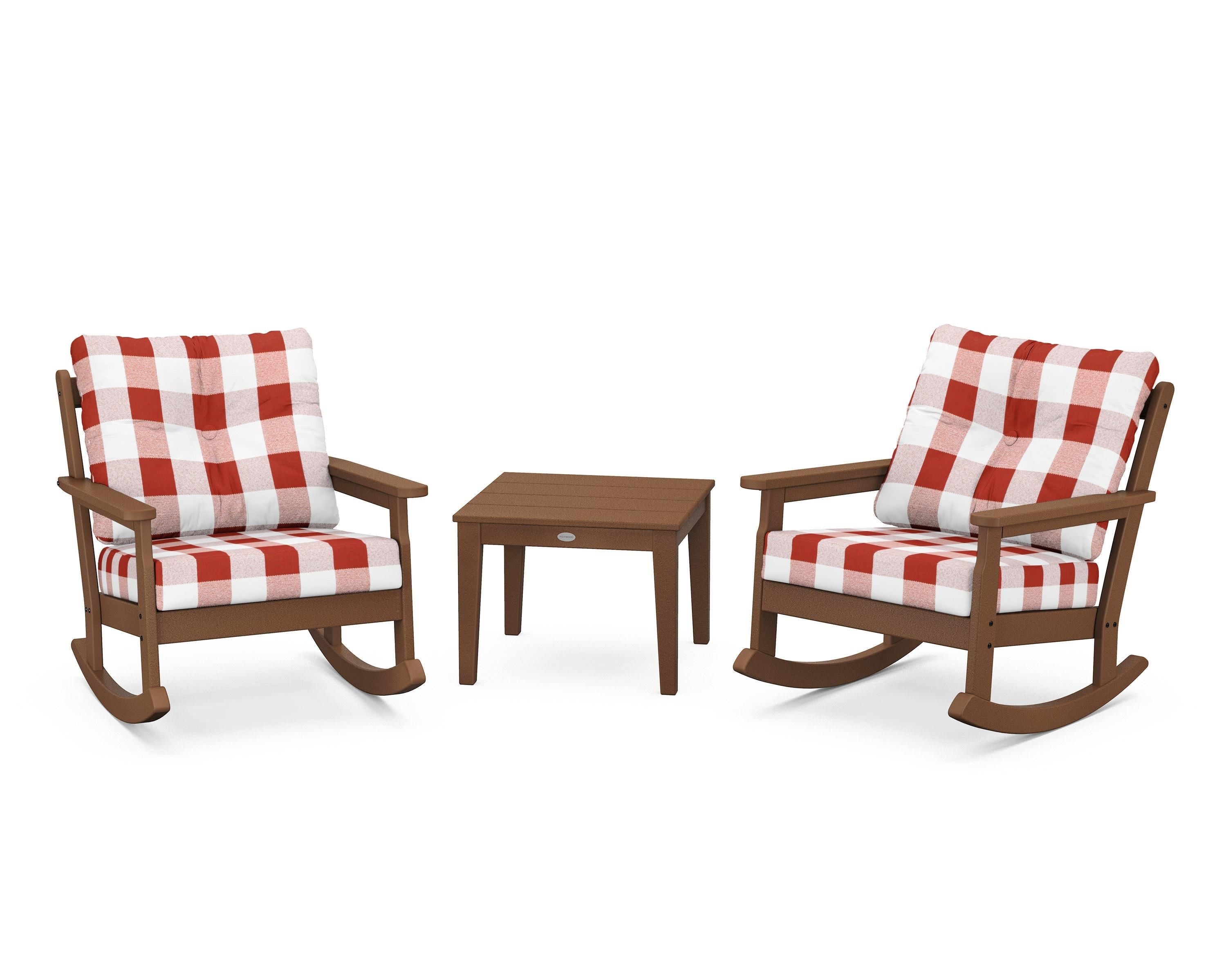 POLYWOOD® Vineyard 3-Piece Deep Seating Rocker Set in Teak / Buffalo Plaid Crimson
