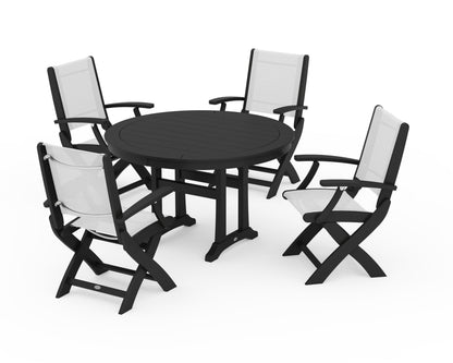 POLYWOOD® Coastal Folding Chair 5-Piece Round Dining Set with Trestle Legs in Black / White Sling