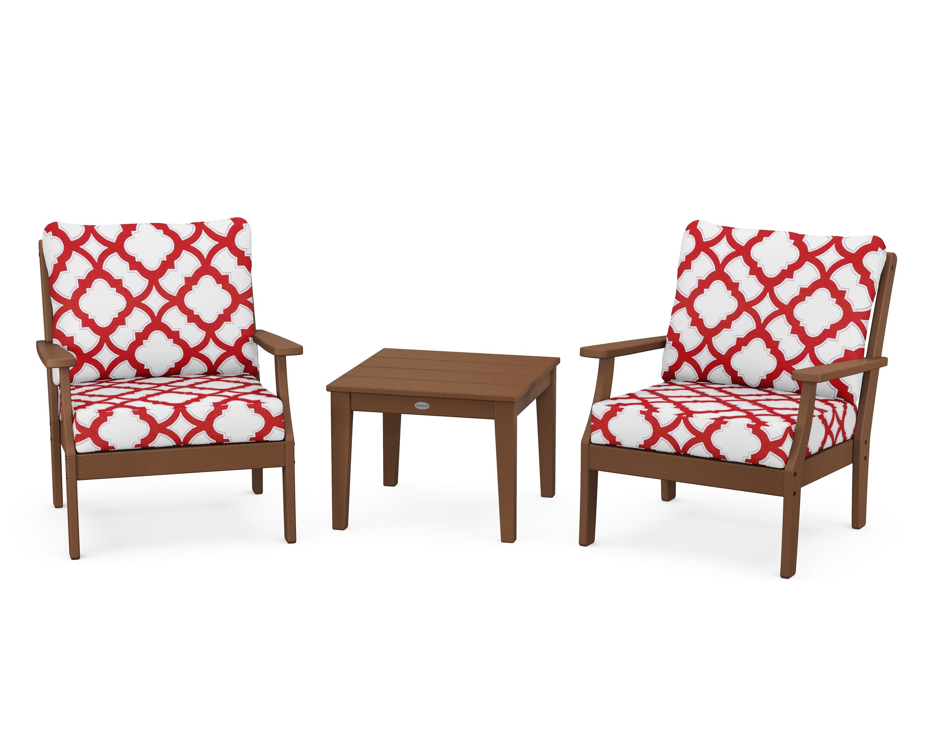 POLYWOOD® Braxton 3-Piece Deep Seating Set in Teak / Trellis Crimson