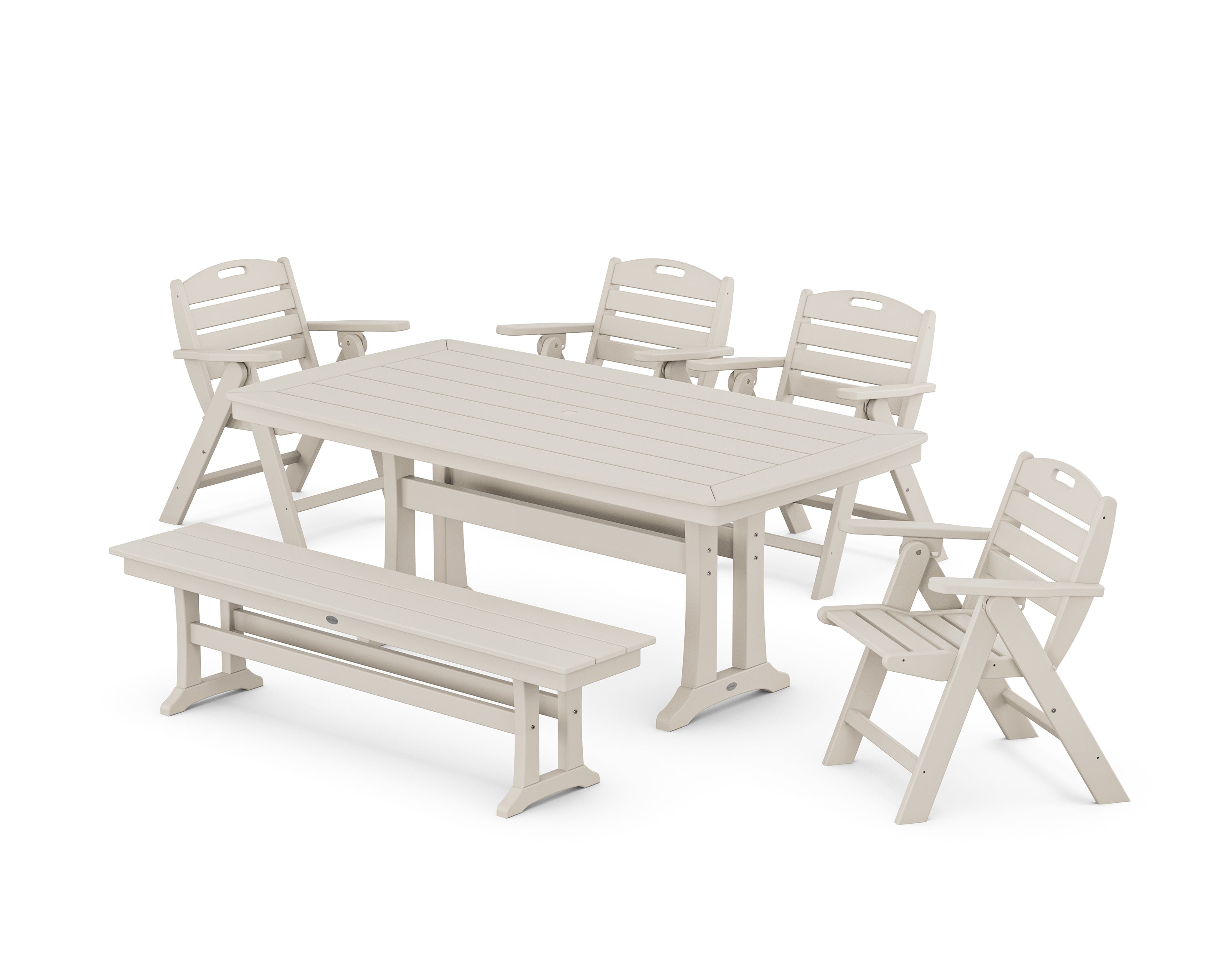 POLYWOOD® Nautical Lowback 6-Piece Dining Set with Trestle Legs and Bench in Sand
