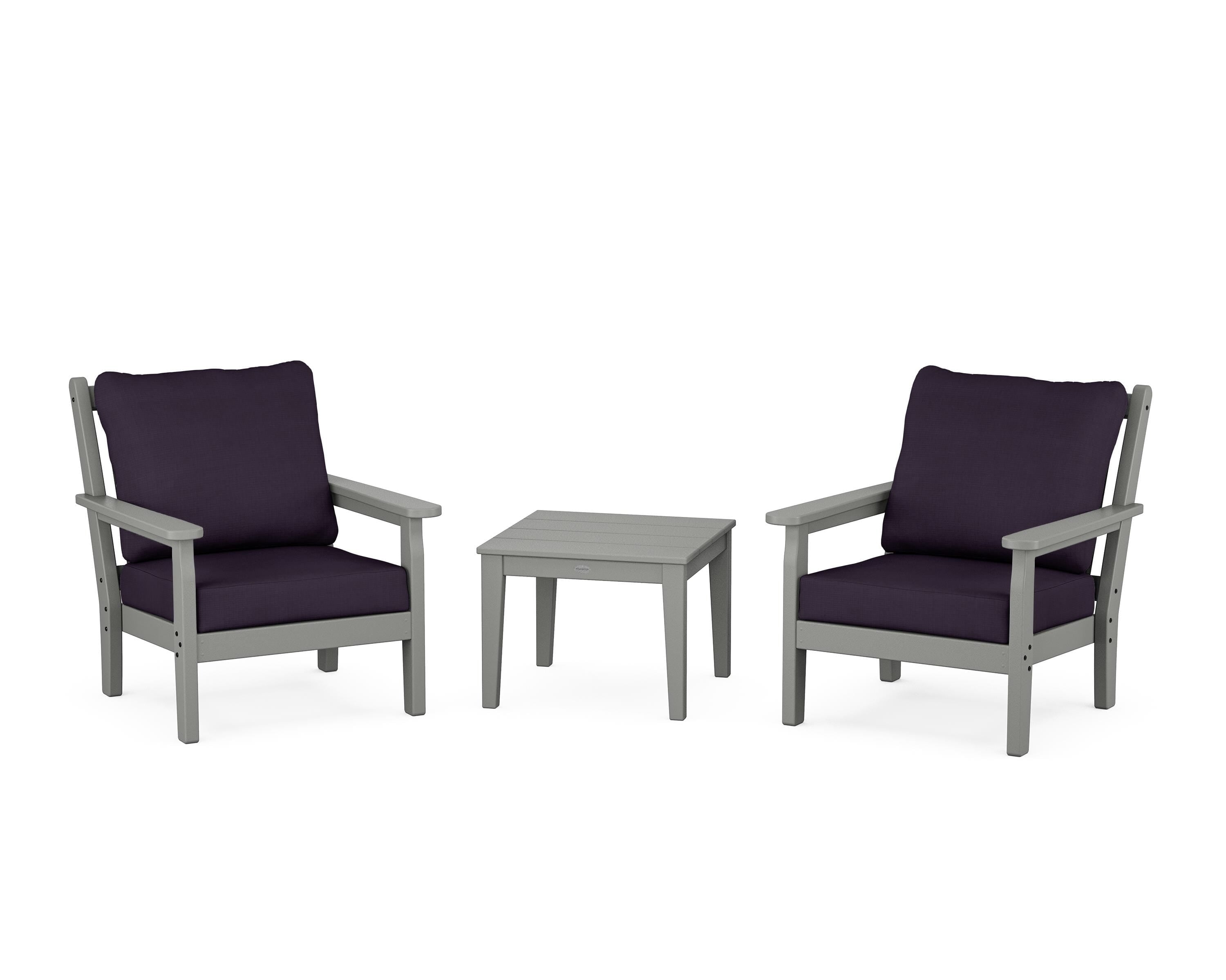 POLYWOOD® Chippendale 3-Piece Deep Seating Set in Slate Grey / Navy Linen