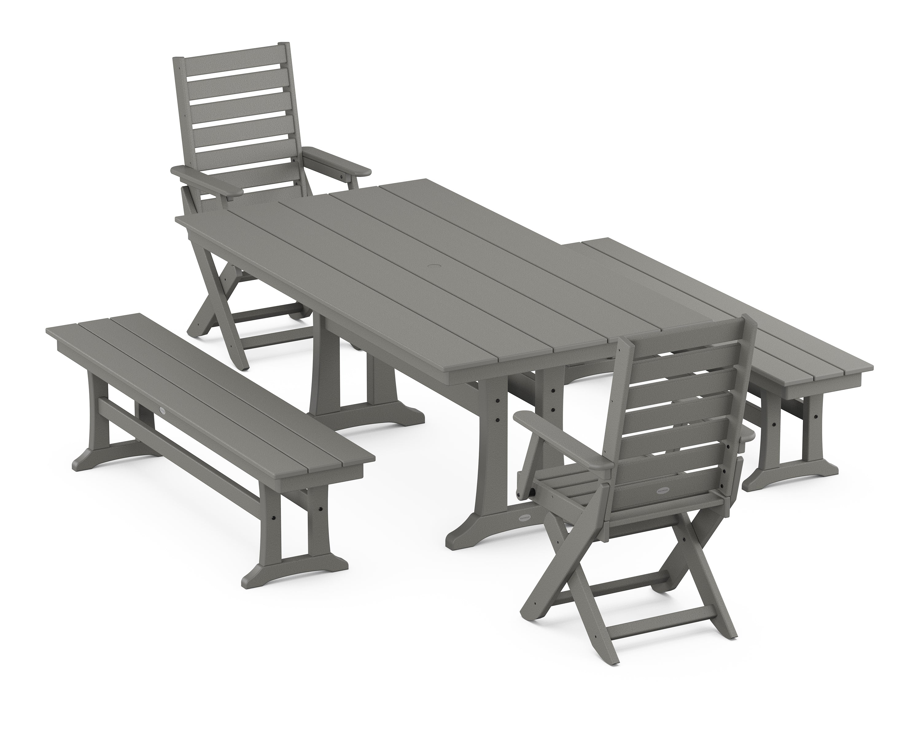 POLYWOOD® Captain Folding Chair 5-Piece Farmhouse Dining Set With Trestle Legs in Slate Grey