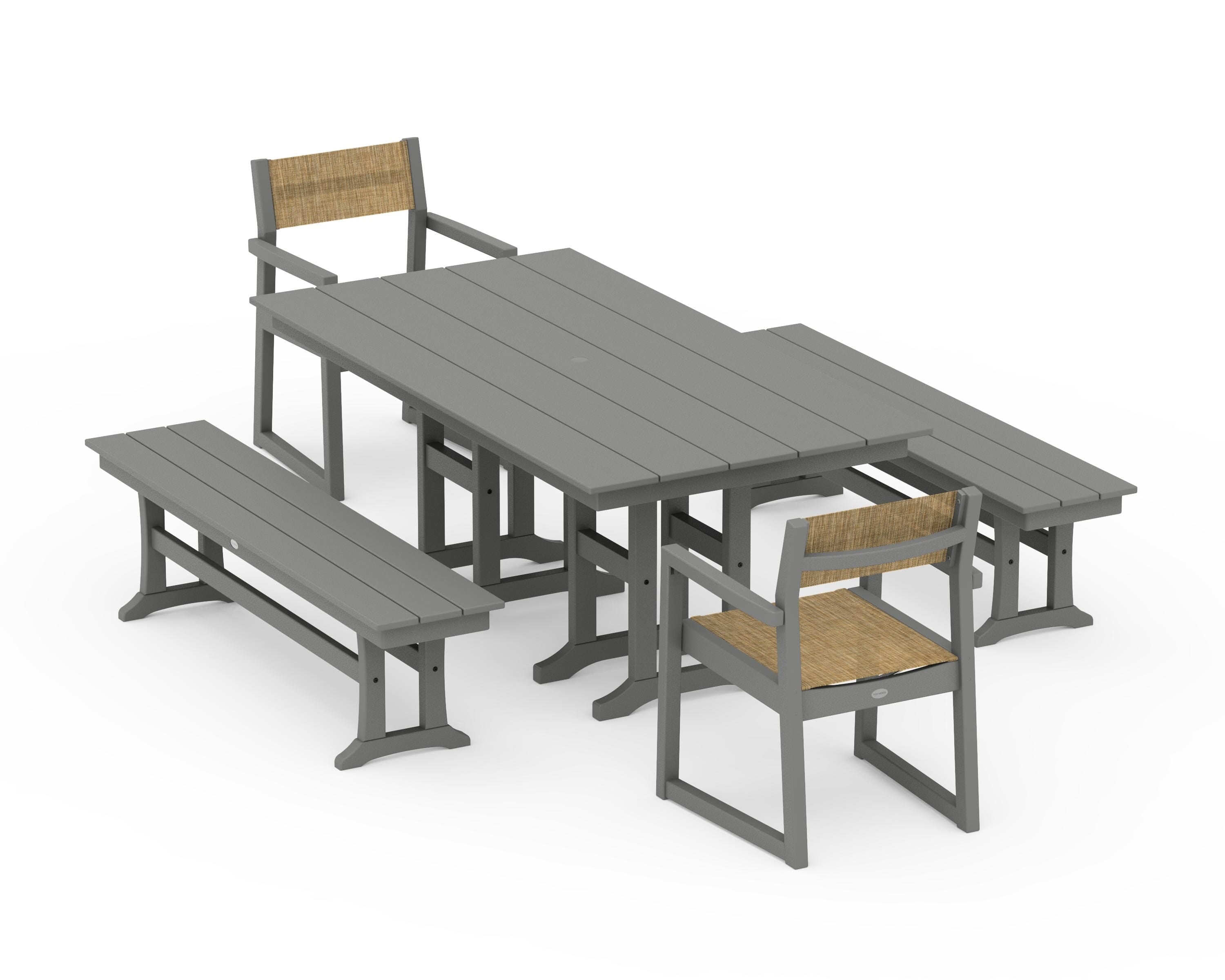 POLYWOOD® EDGE Sling Arm Chair 5-Piece Farmhouse Dining Set with Benches in Slate Grey / Burlap Sling