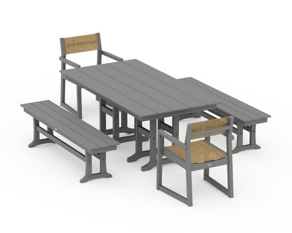 POLYWOOD® EDGE Sling Arm Chair 5-Piece Farmhouse Dining Set with Benches in Slate Grey / Burlap Sling