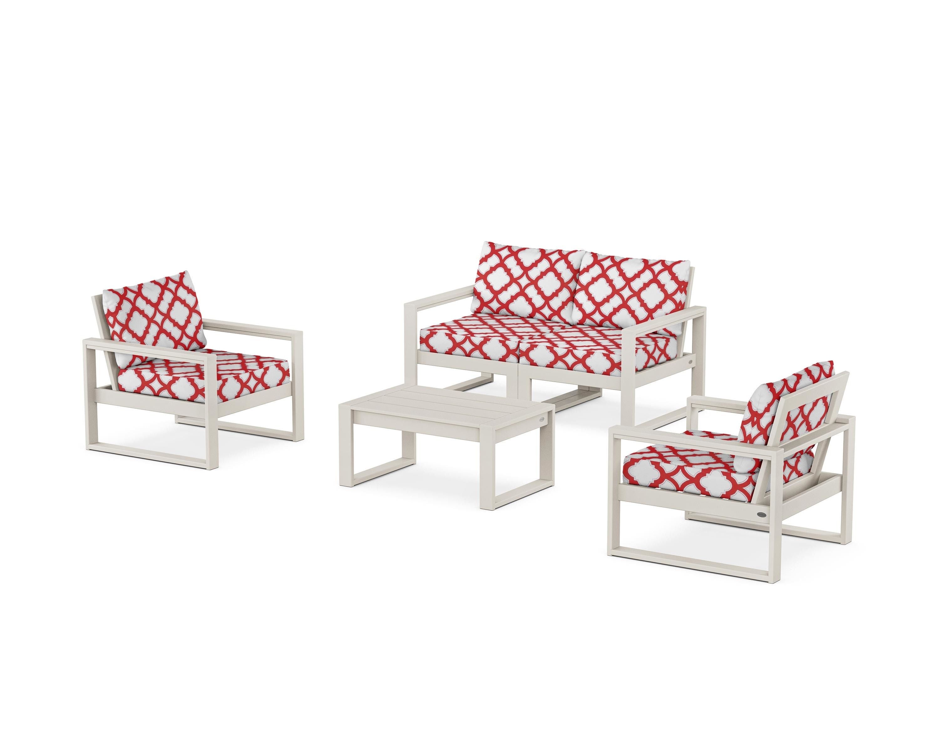 POLYWOOD® EDGE Sectional 4-Piece Deep Seating Set with Loveseat in Sand / Trellis Crimson