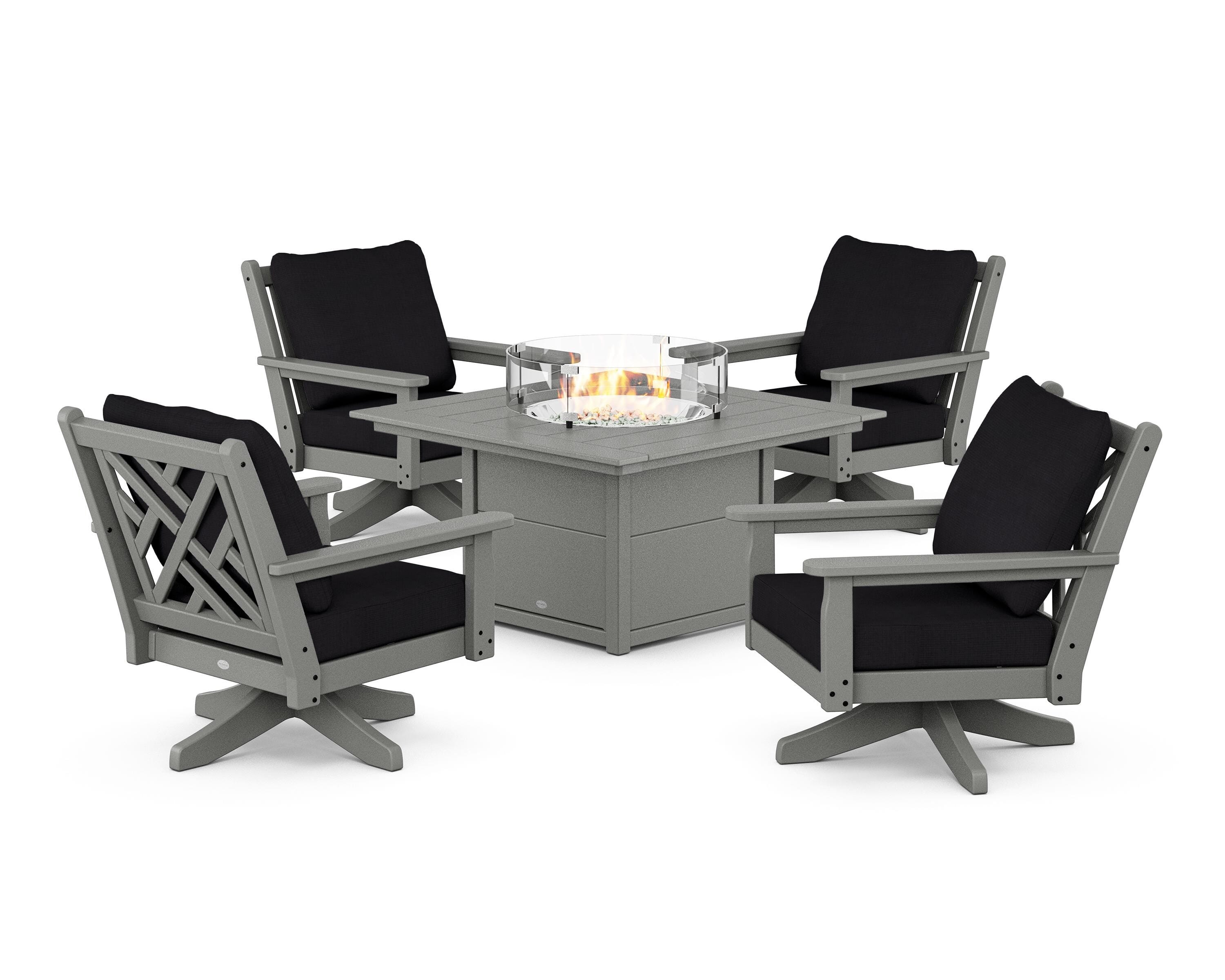 POLYWOOD® Chippendale 5-Piece Deep Seating Swivel Conversation Set with Fire Pit Table in Slate Grey / Midnight Linen