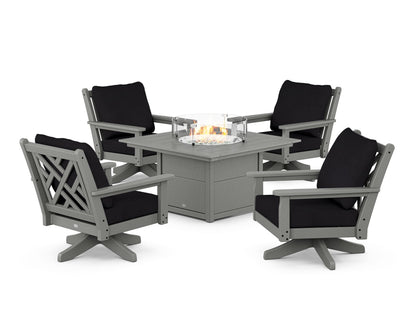 POLYWOOD® Chippendale 5-Piece Deep Seating Swivel Conversation Set with Fire Pit Table in Slate Grey / Midnight Linen