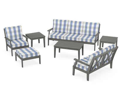 POLYWOOD® Braxton 7-Piece Deep Seating Set in Slate Grey / Buffalo Plaid Sky Blue