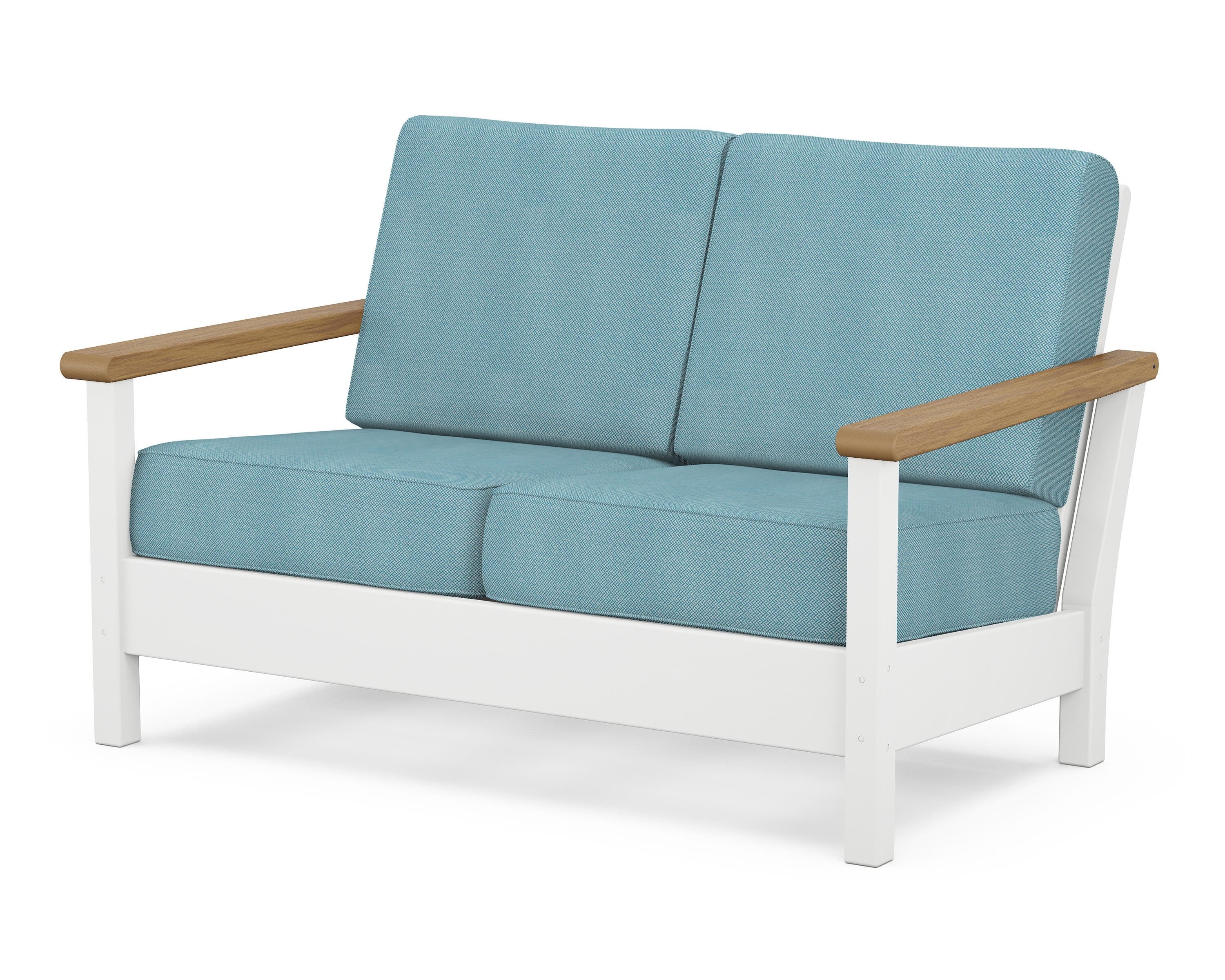 POLYWOOD® Harbour Deep Seating Loveseat in White / Natural / Lattice Sky Blue