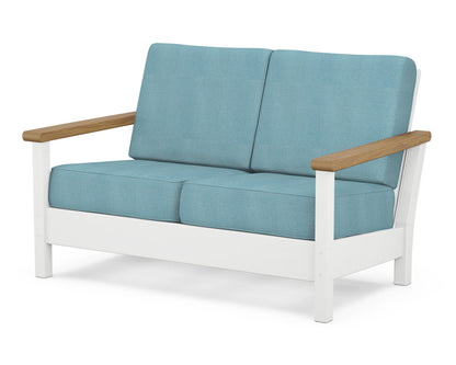 POLYWOOD® Harbour Deep Seating Loveseat in White / Natural / Lattice Sky Blue