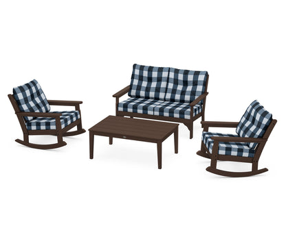 POLYWOOD® Vineyard 4-Piece Deep Seating Rocking Chair Set in Mahogany / Buffalo Plaid Marine Indigo
