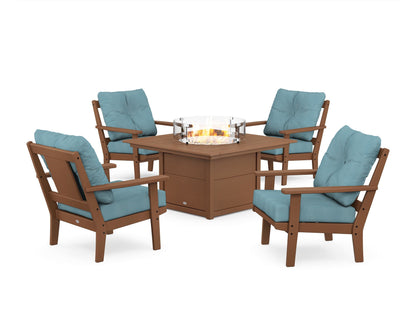 POLYWOOD® Prairie 5-Piece Deep Seating Set with Fire Pit Table in Teak / Lattice Sky Blue