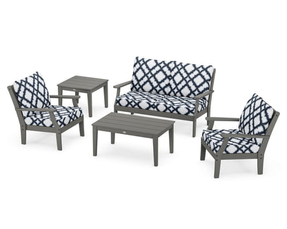 POLYWOOD® Braxton 5-Piece Deep Seating Set in Slate Grey / Trellis Marine Indigo