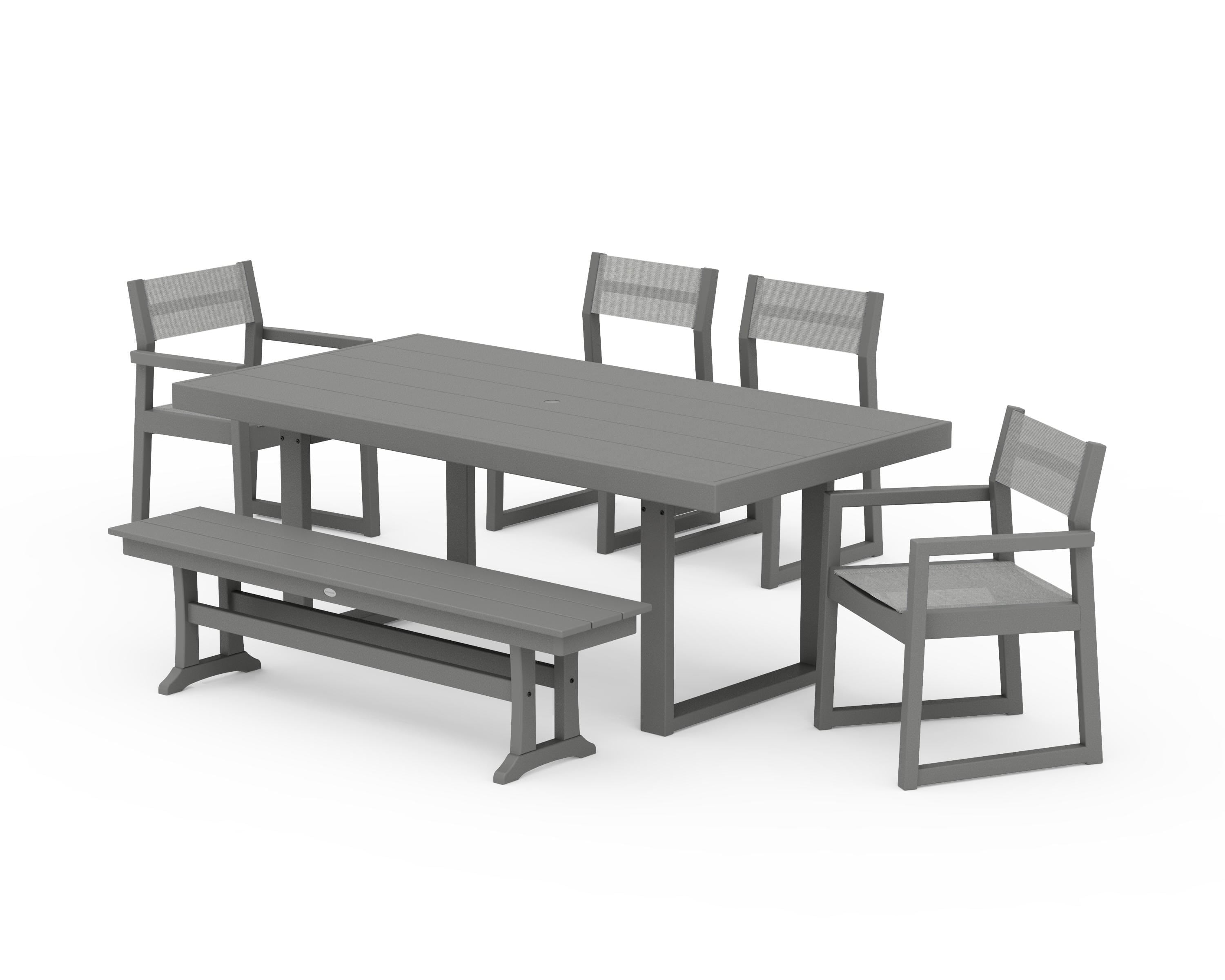 POLYWOOD® EDGE Sling 6-Piece Dining Set with Bench in Slate Grey / Metallic Sling