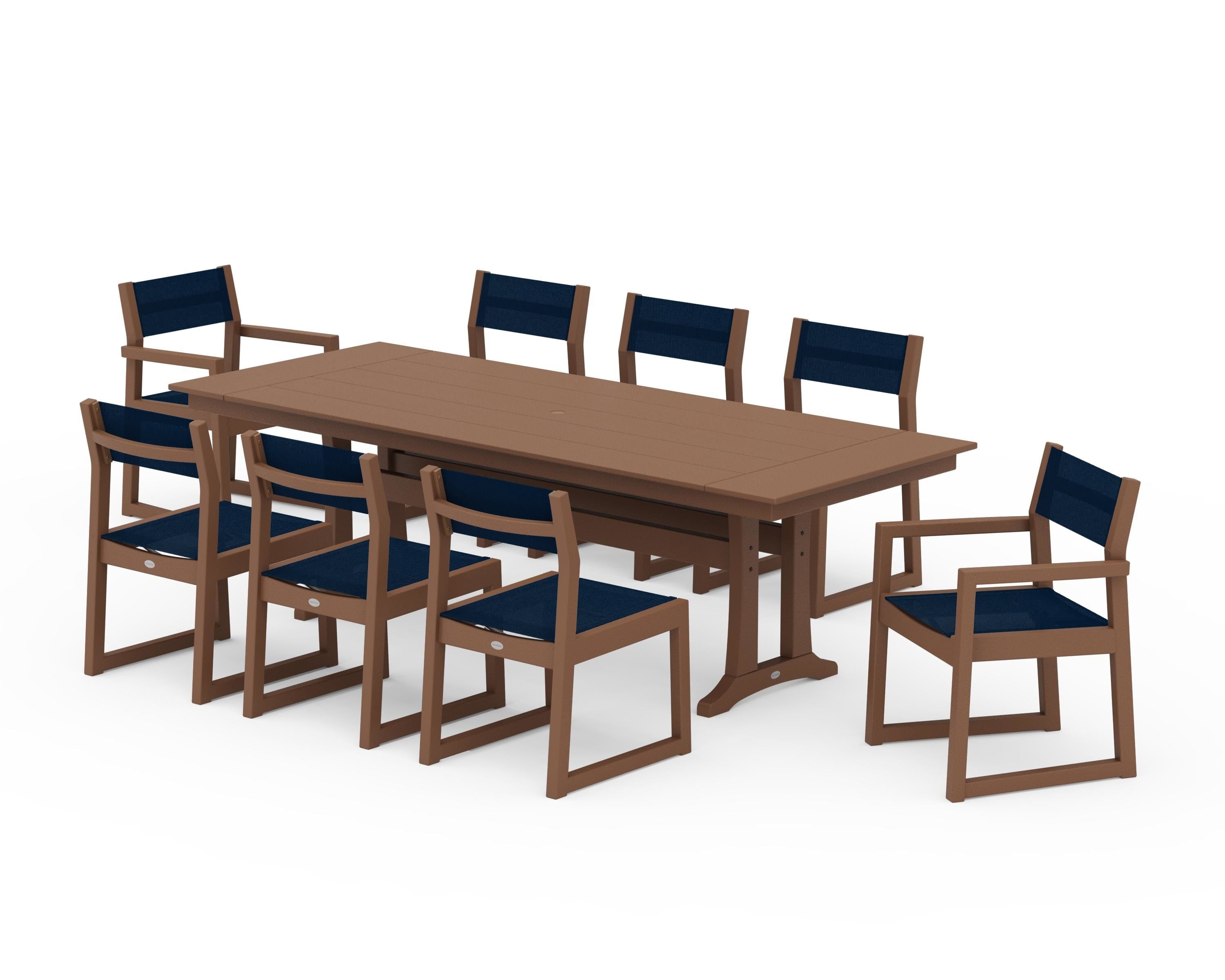 POLYWOOD® EDGE Sling 9-Piece Farmhouse Trestle Dining Set in Teak / Navy Blue Sling