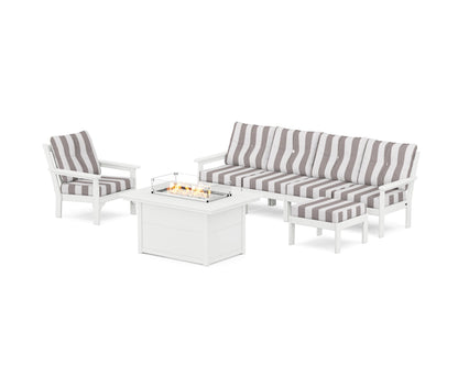 POLYWOOD® Vineyard Sectional Lounge and Fire Pit Set in White / Cabana Stripe Grey Mist
