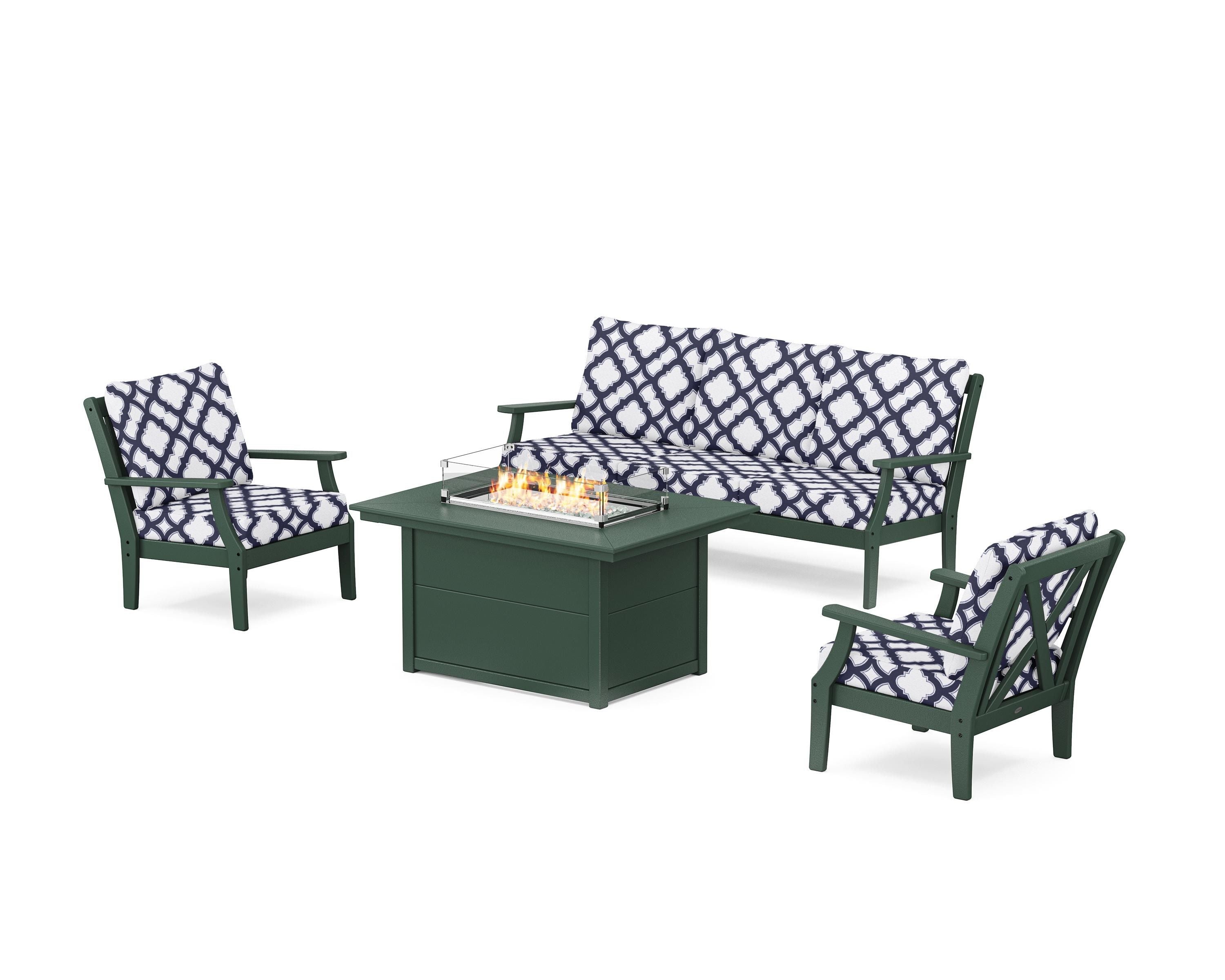 POLYWOOD® Braxton Deep Seating Fire Pit Table Set in Green / Trellis Navy