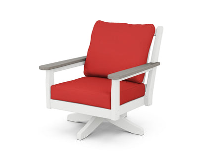 POLYWOOD® Chippendale Deep Seating Swivel Chair in White / Driftwood / Crimson Linen