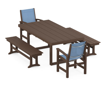 POLYWOOD® Coastal 5-Piece Dining Set with Trestle Legs in Mahogany / Poolside Sling