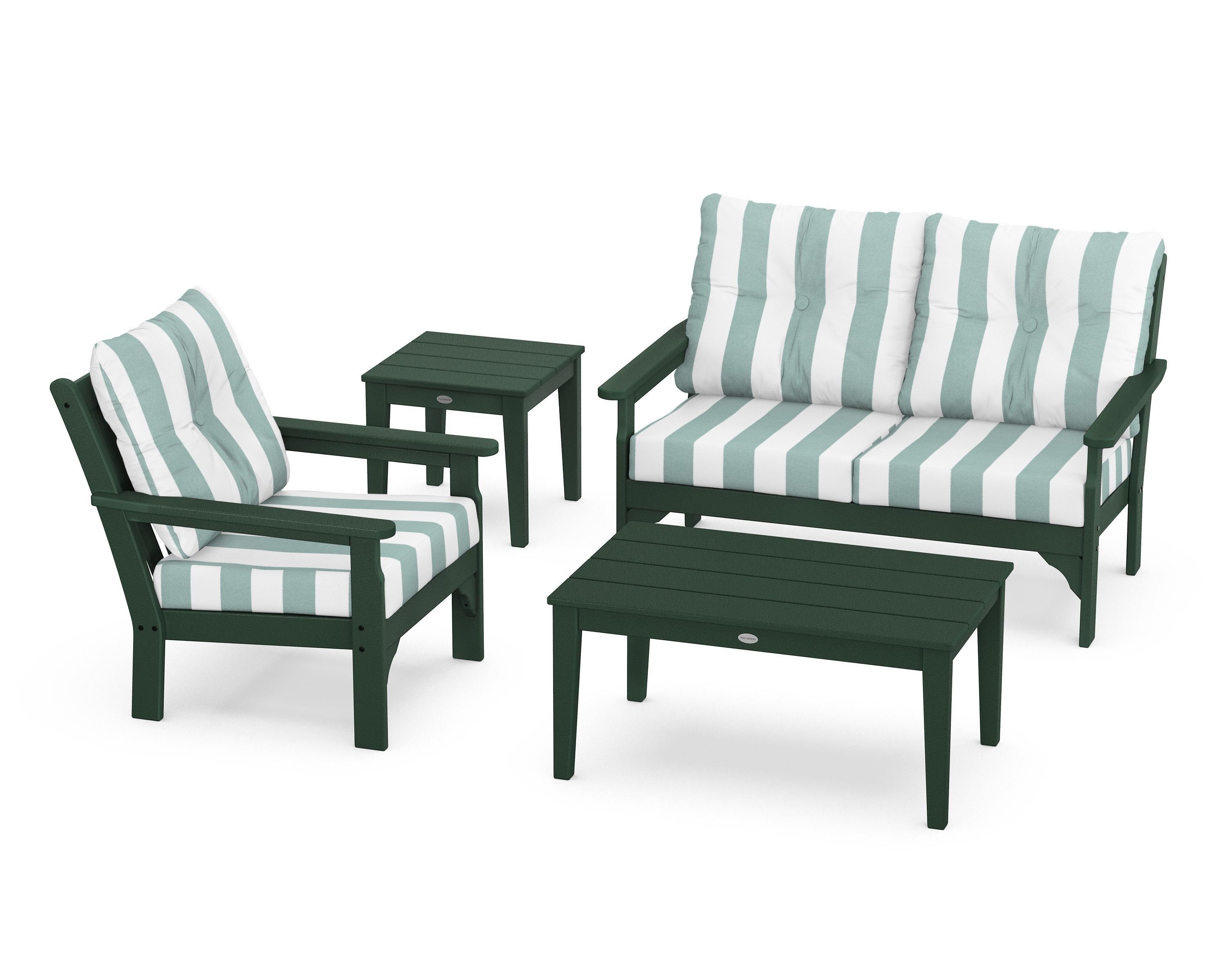 POLYWOOD® Vineyard 4-Piece Deep Seating Set in Green / Cabana Stripe Glacier Spa