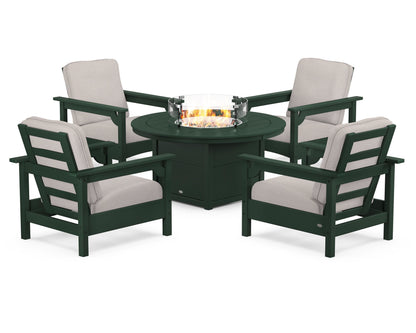 POLYWOOD® Club 5-Piece Conversation Set with Fire Pit Table in Green / Dune Burlap