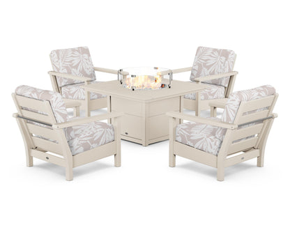 POLYWOOD® Harbour 5-Piece Conversation Set with Fire Pit Table in Sand / Leaf Dune Burlap