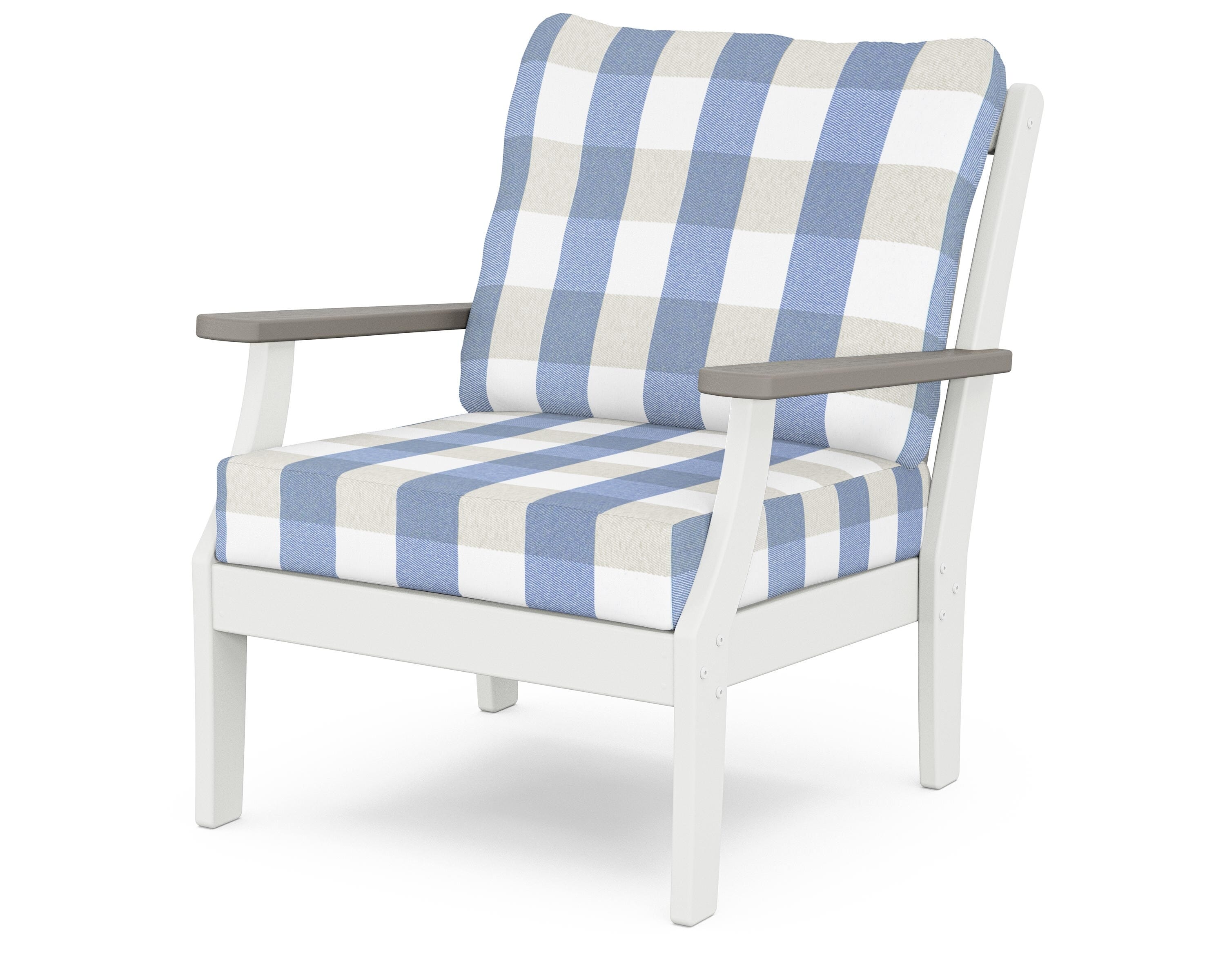 POLYWOOD® Braxton Deep Seating Chair in White / Driftwood / Buffalo Plaid Sky Blue