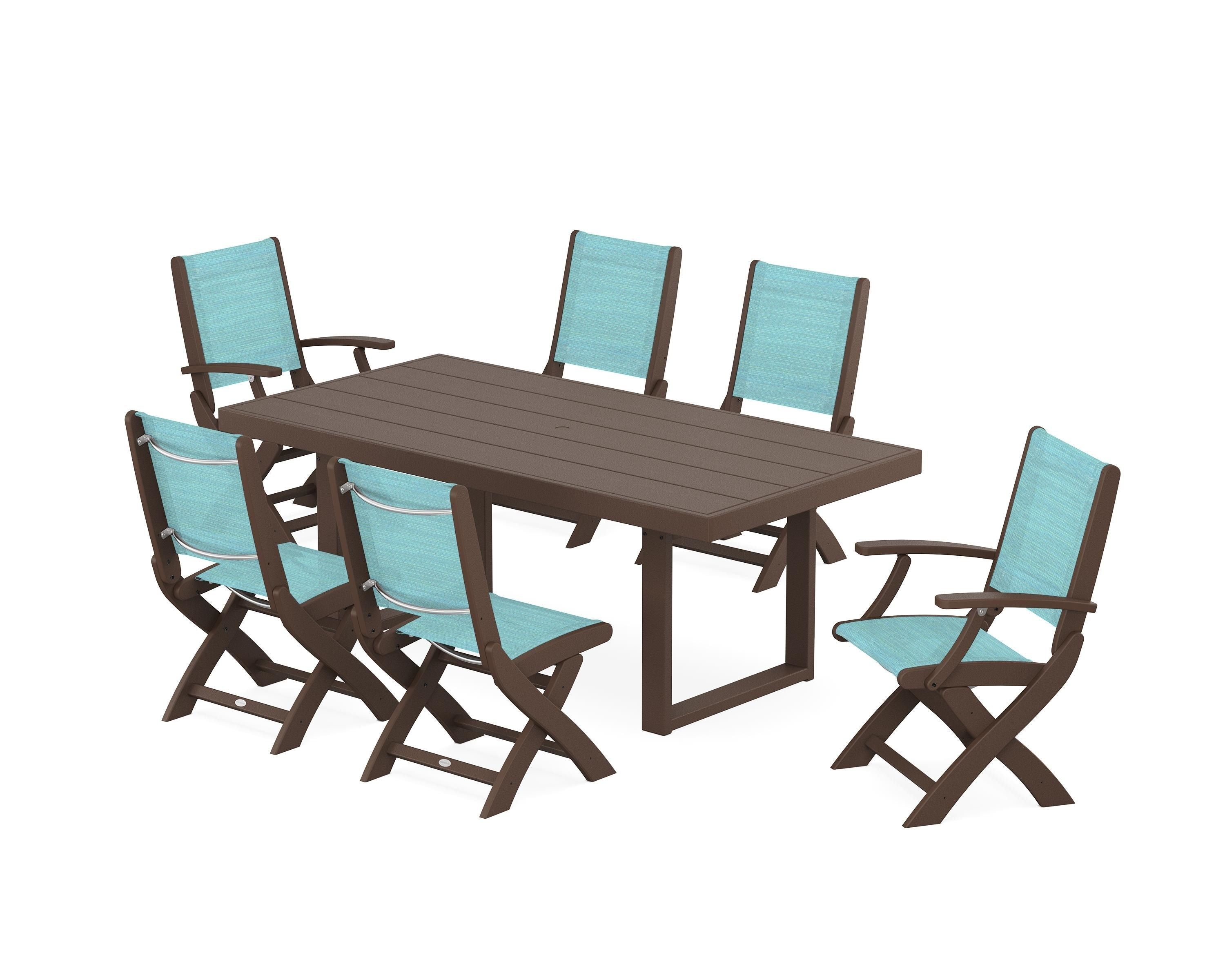 POLYWOOD® Coastal Folding Chair 7-Piece Dining Set with Trestle Legs in Mahogany / Dupioni Aquamarine Sling