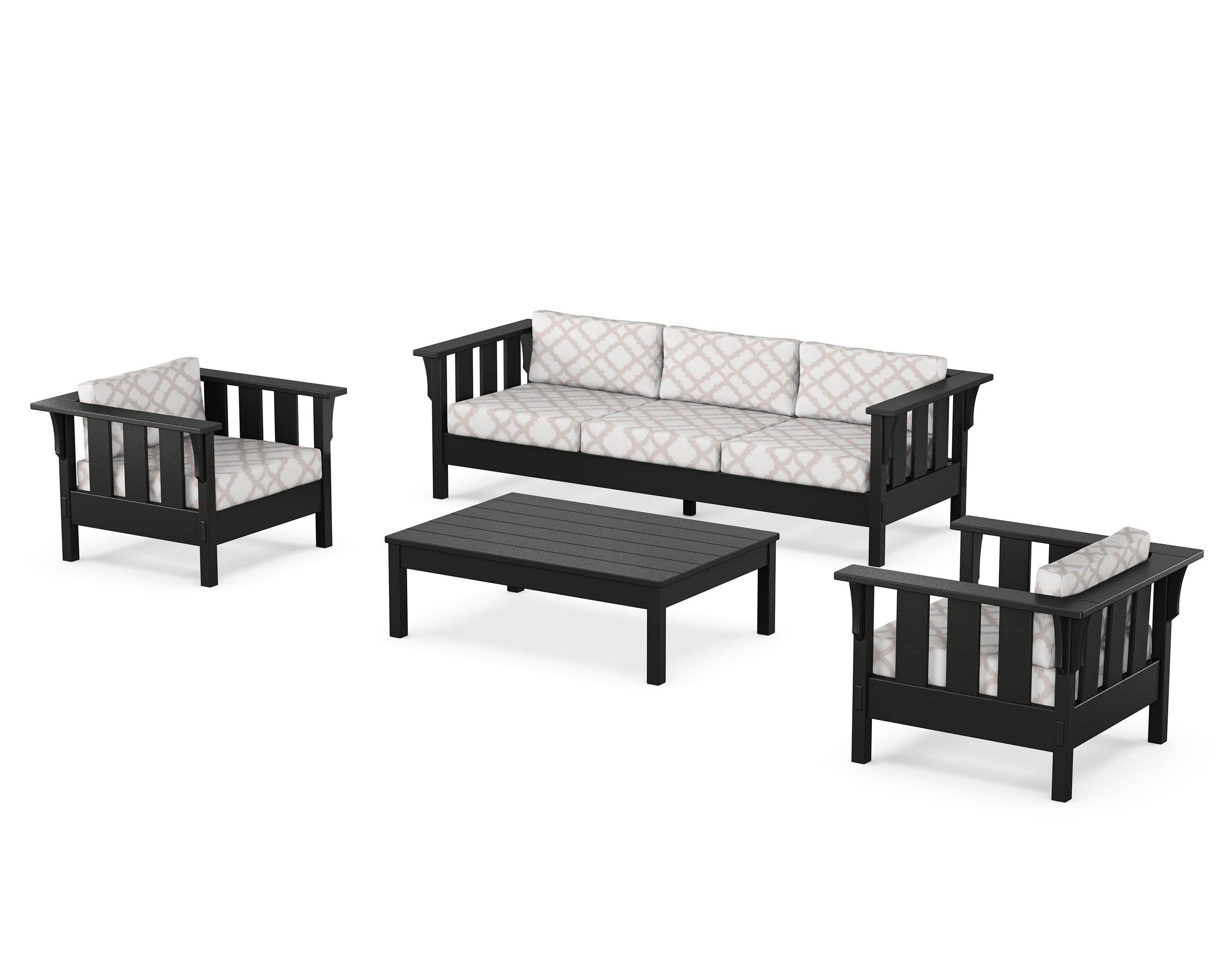 Martha Stewart by POLYWOOD® Acadia 4-Piece Deep Seating Set with Sofa in Black / Trellis Dune Burlap