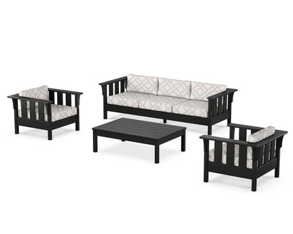 Martha Stewart by POLYWOOD® Acadia 4-Piece Deep Seating Set with Sofa in Black / Trellis Dune Burlap