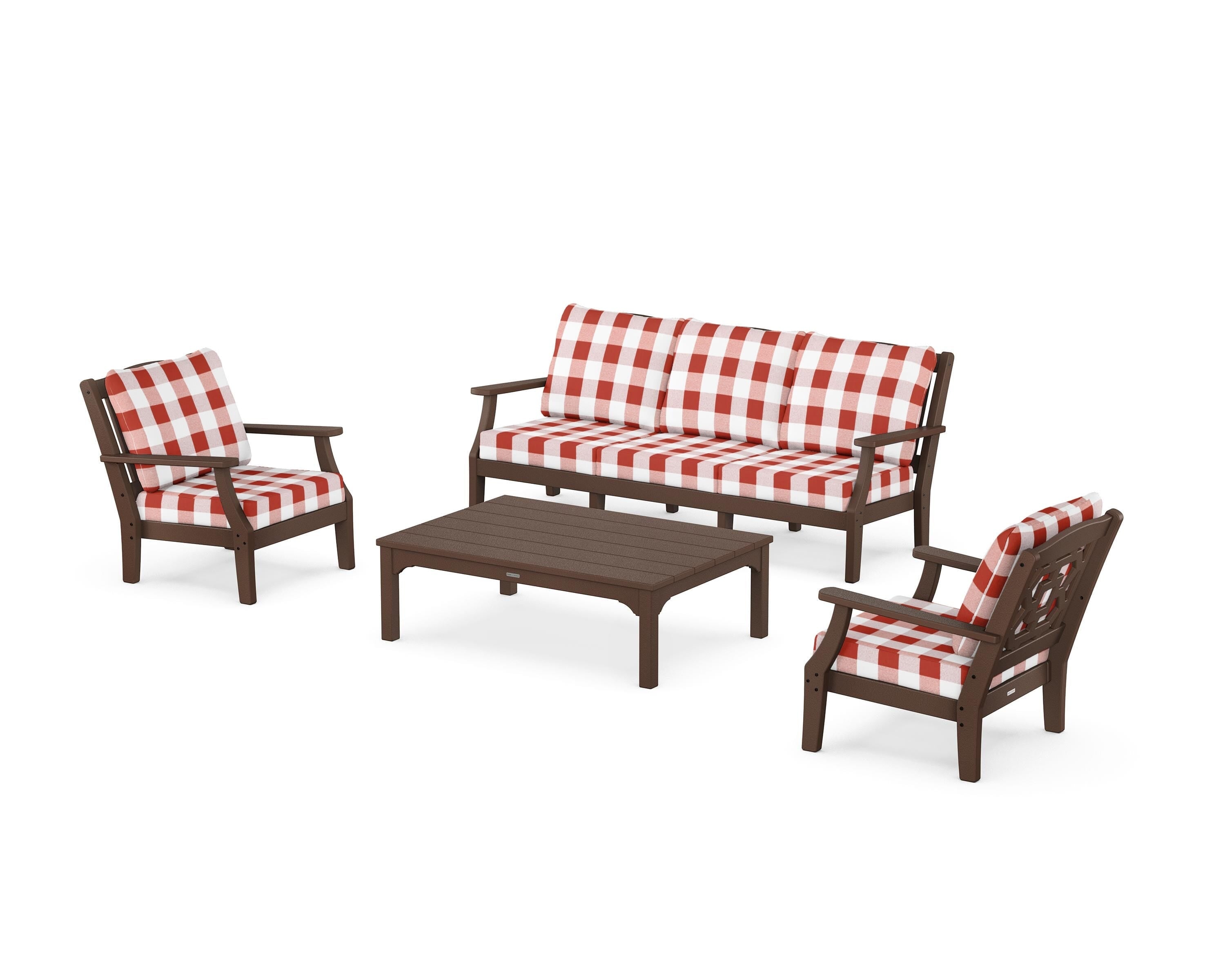 Martha Stewart by POLYWOOD® Chinoiserie 4-Piece Deep Seating Set with Sofa in Mahogany / Buffalo Plaid Crimson